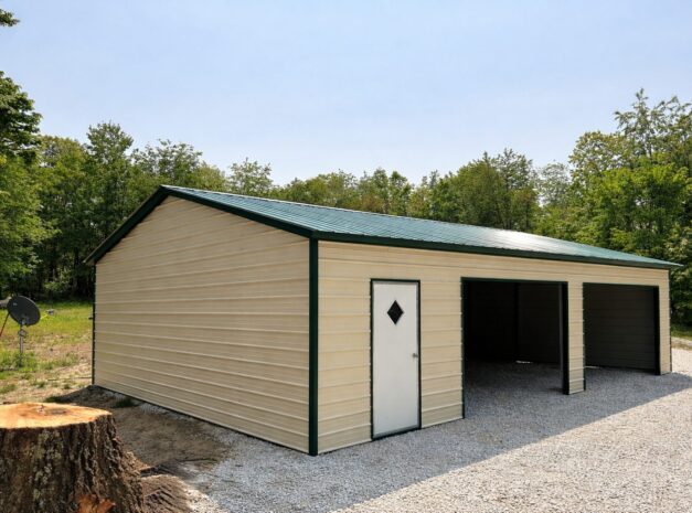 Standard garage in Hutchins, TX, featuring a beige exterior and green roof, surrounded by trees and gravel.
