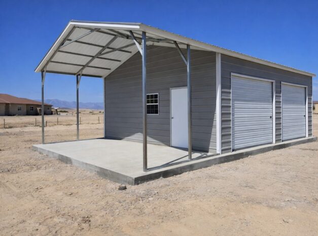 Utility shed with a metal roof and roll-up doors, showcasing available color options in Italy, TX.