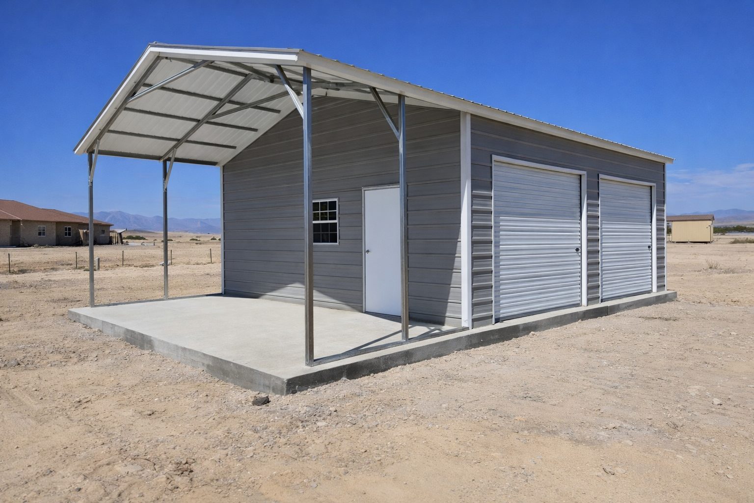 Utility shed with a metal roof and roll-up doors, showcasing available color options in Italy, TX.