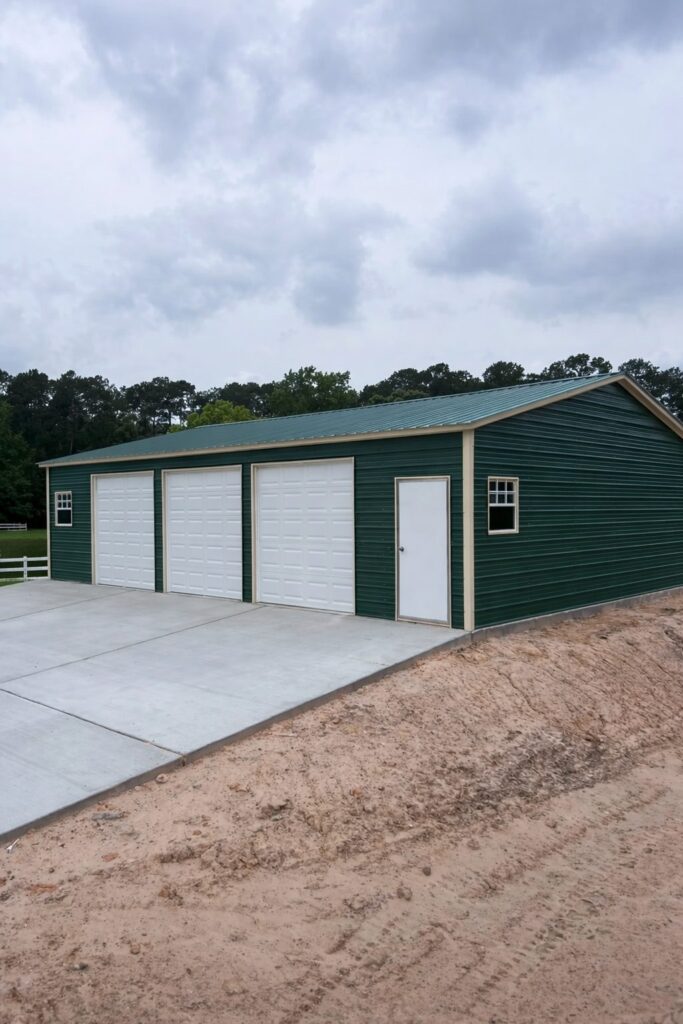 Expansive green garage with three white doors and a side entrance, showcasing Legacy Steel Structures design.
