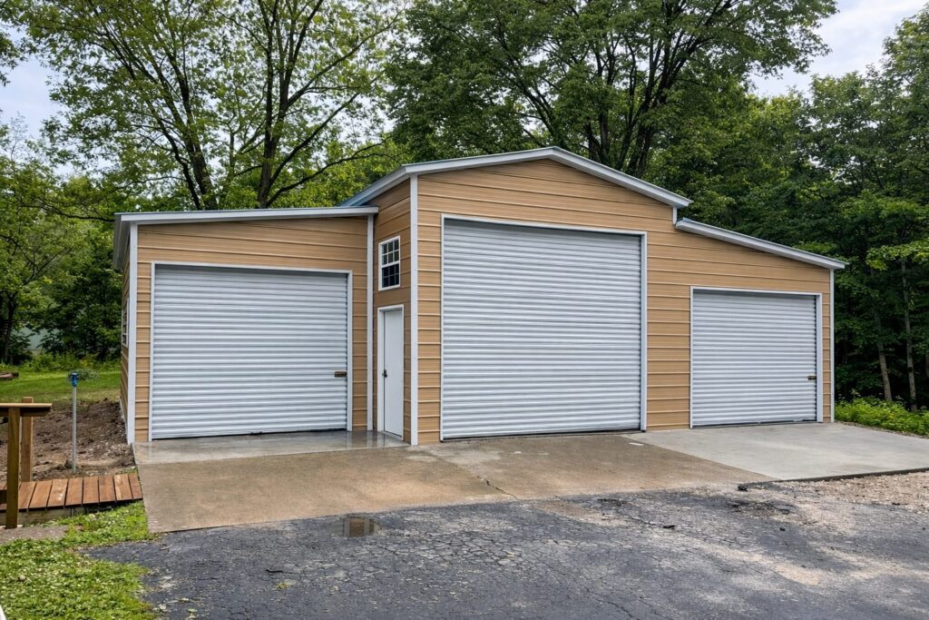Custom garage in Kansas City with two roll-up doors and a modern design, surrounded by greenery.