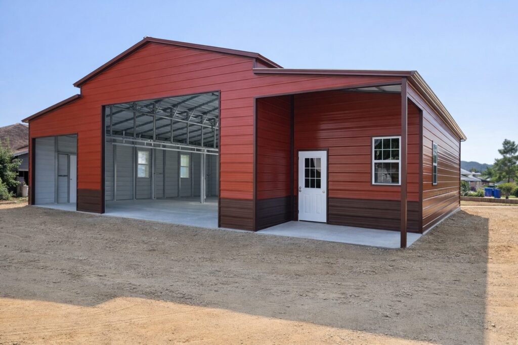 Custom barn in Kettering, OH, showcasing a red exterior and spacious interior ready for use.