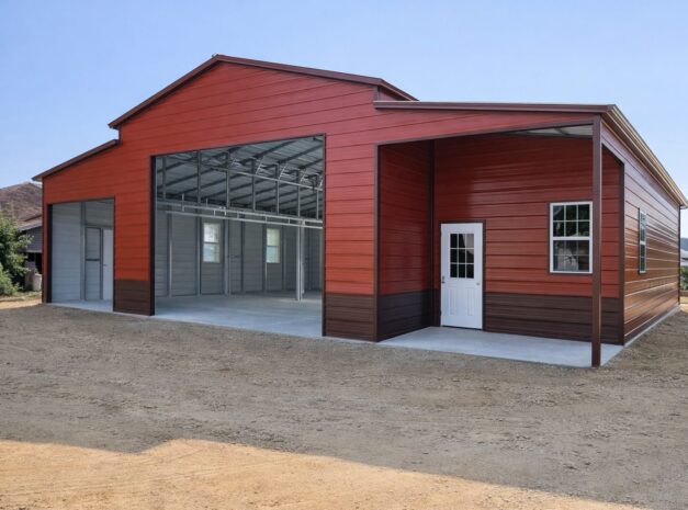 Custom barn in Kettering, OH, showcasing a red exterior and spacious interior ready for use.