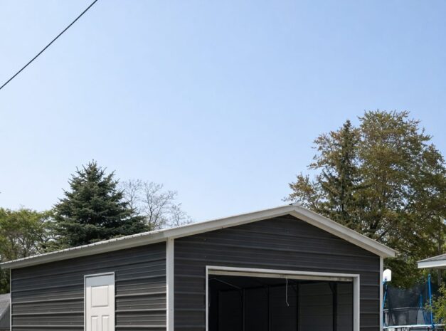 Mini shed in Ladonia TX with a gray exterior and a single door, set on a concrete slab in a grassy area.