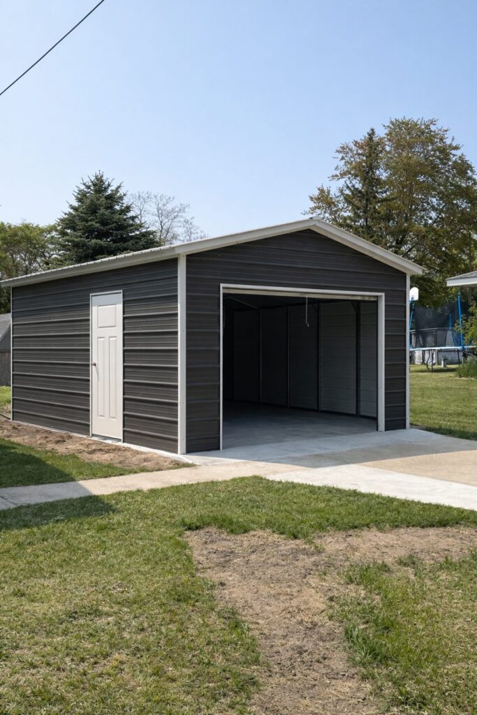Mini shed in Ladonia TX with a gray exterior and a single door, set on a concrete slab in a grassy area.