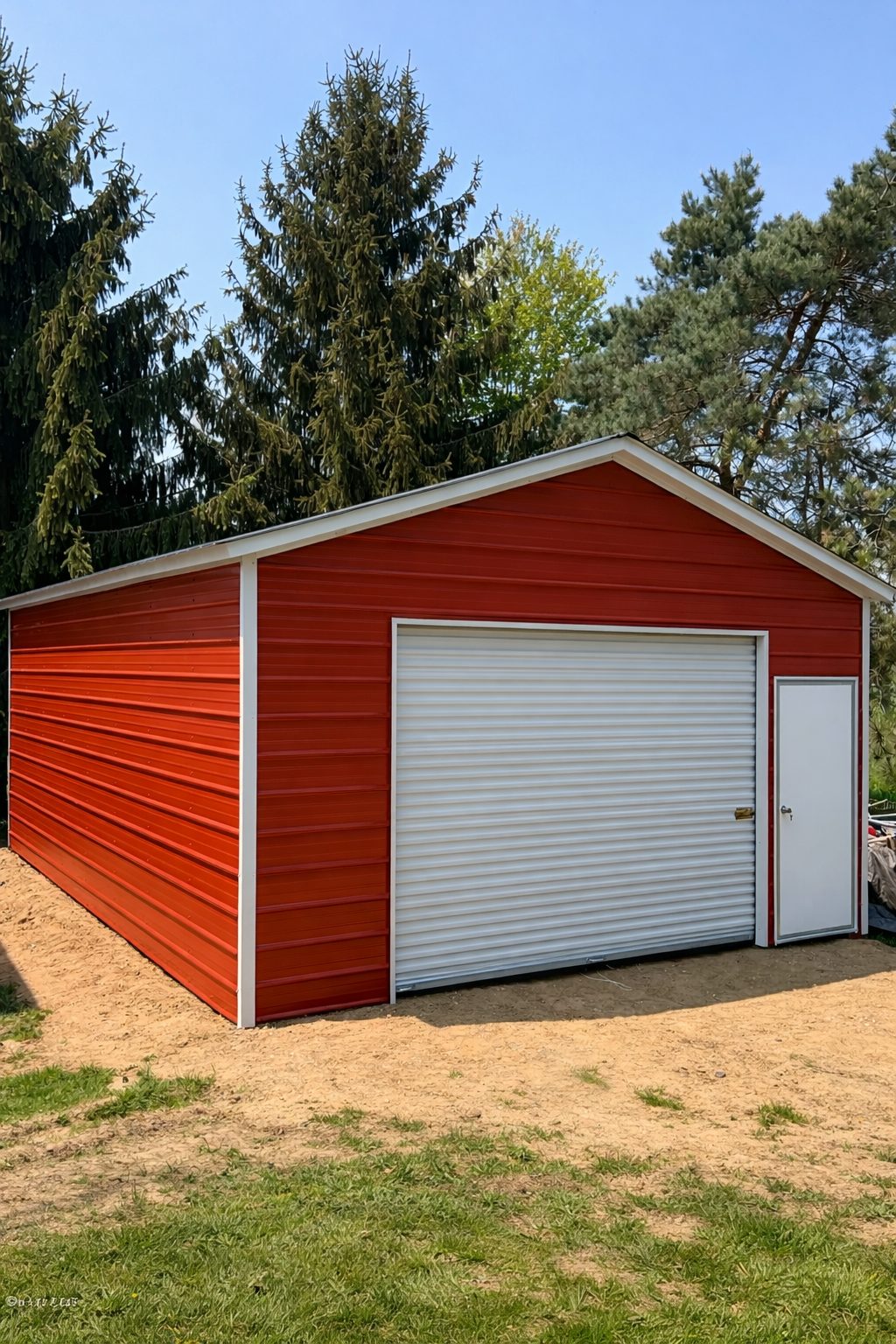 A red standard shed with a white roll-up door, set in a grassy area surrounded by trees.