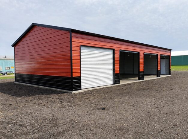 Expansive garage in Mason City, IA, featuring a vibrant red and black exterior with multiple storage bays.