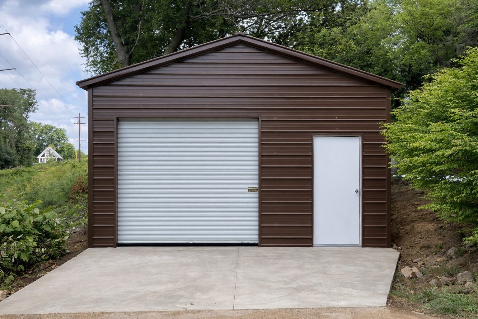 Standard shed in Mexia, TX, featuring a brown metal exterior, roll-up door, and side entrance.