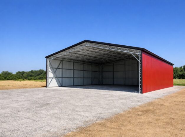 Custom clear span building in Michigan with a red exterior and open space, showcasing available color options.