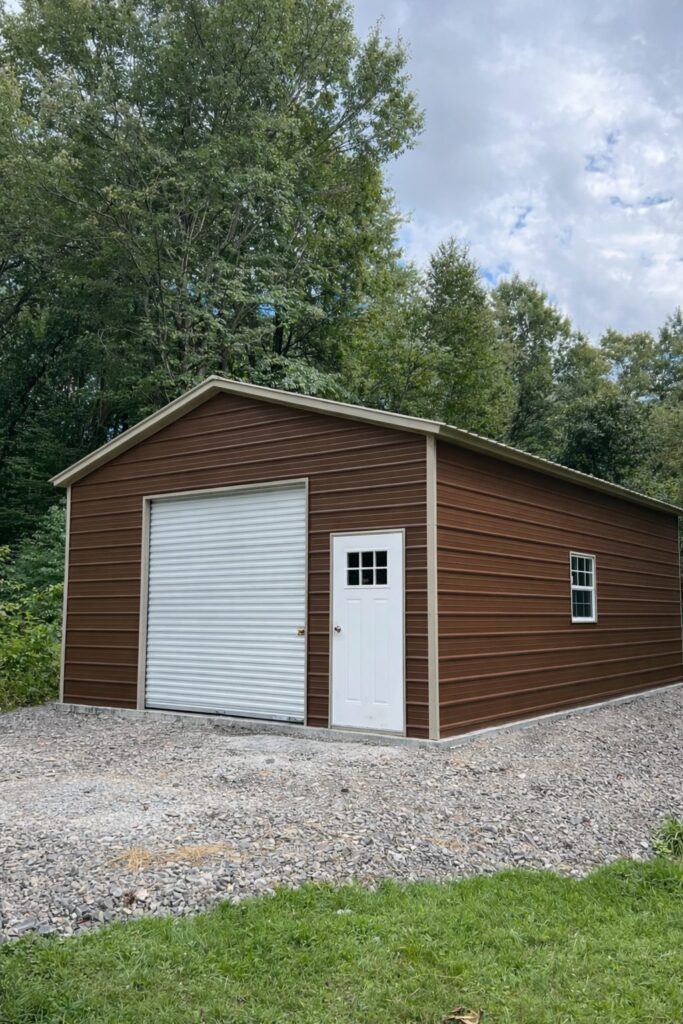 Standard shed in New Boston, TX, featuring brown siding, a roll-up door, and a side entry door.