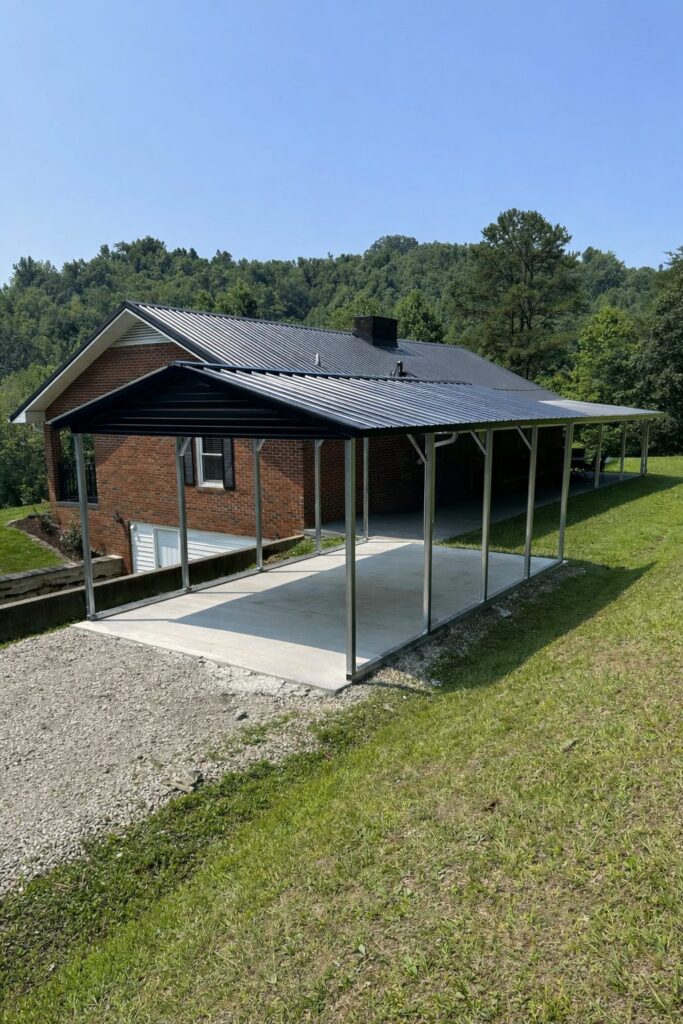 A-frame carport with a concrete base beside a house, surrounded by greenery in Norman, OK.