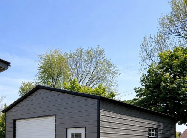 Standard shed in North Richland Hills, TX, featuring a roll-up door and a side entrance, set on a concrete slab.