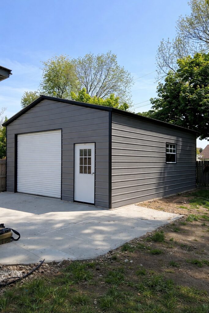 Standard shed in North Richland Hills, TX, featuring a roll-up door and a side entrance, set on a concrete slab.