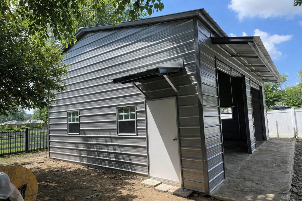 Utility shed in Oak Leaf, TX, featuring a metal exterior and a side door, surrounded by greenery.
