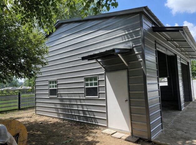 Utility shed in Oak Leaf, TX, featuring a metal exterior and a side door, surrounded by greenery.