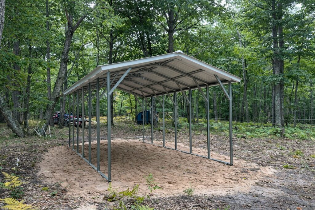 A-frame carport structure set in a wooded area, showcasing its steel frame and open design.