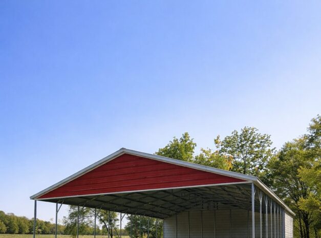 A spacious A-framed carport with a red roof, set in a grassy area surrounded by trees.