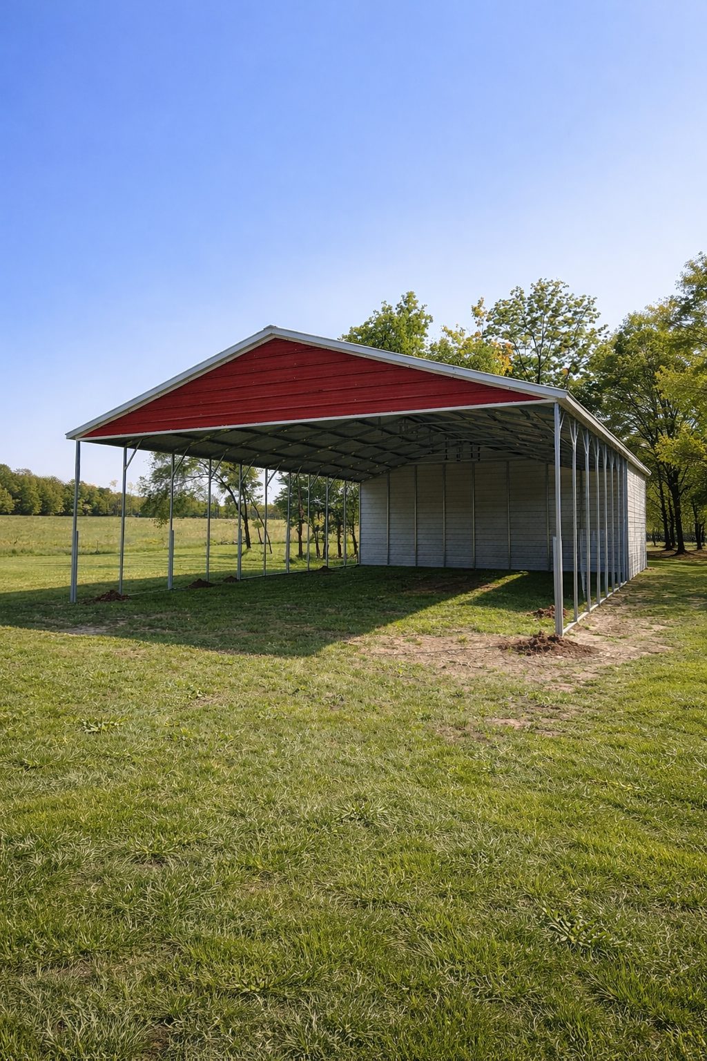 A spacious A-framed carport with a red roof, set in a grassy area surrounded by trees.