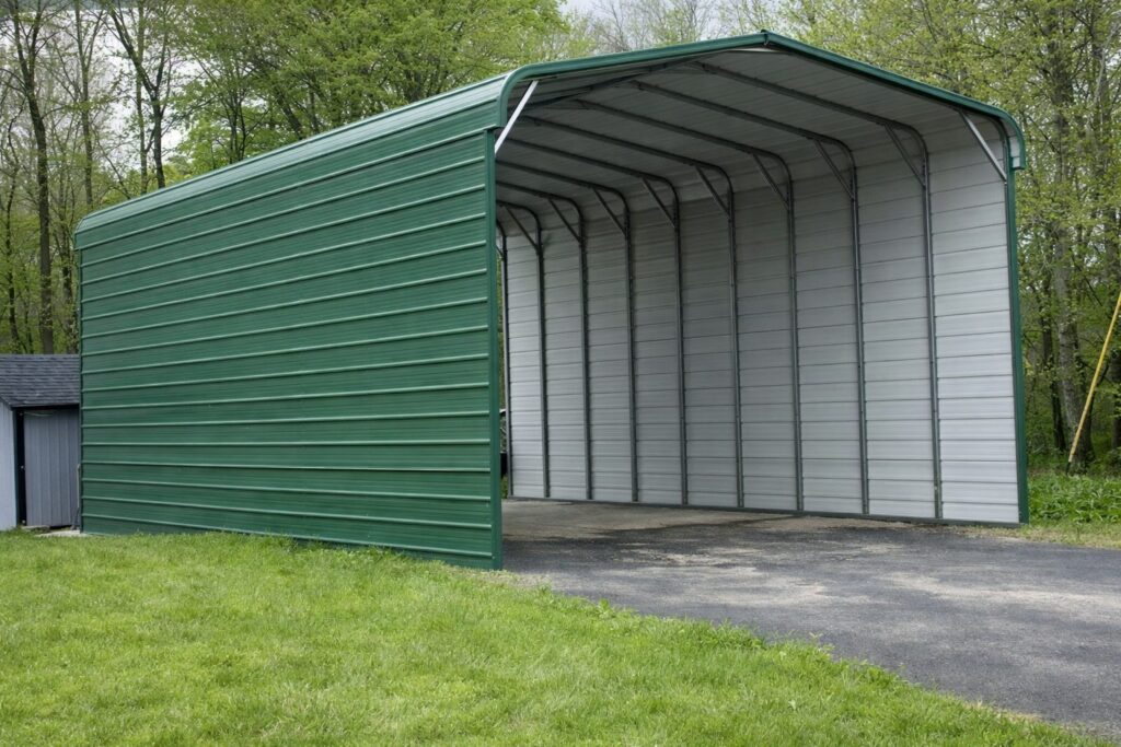 Standard framed carport in Reading, PA, showcasing a green exterior and spacious interior.