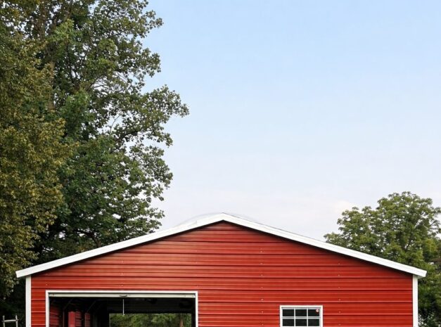 A red standard shed with a white trim and open front, set in a grassy area, showcasing building details.