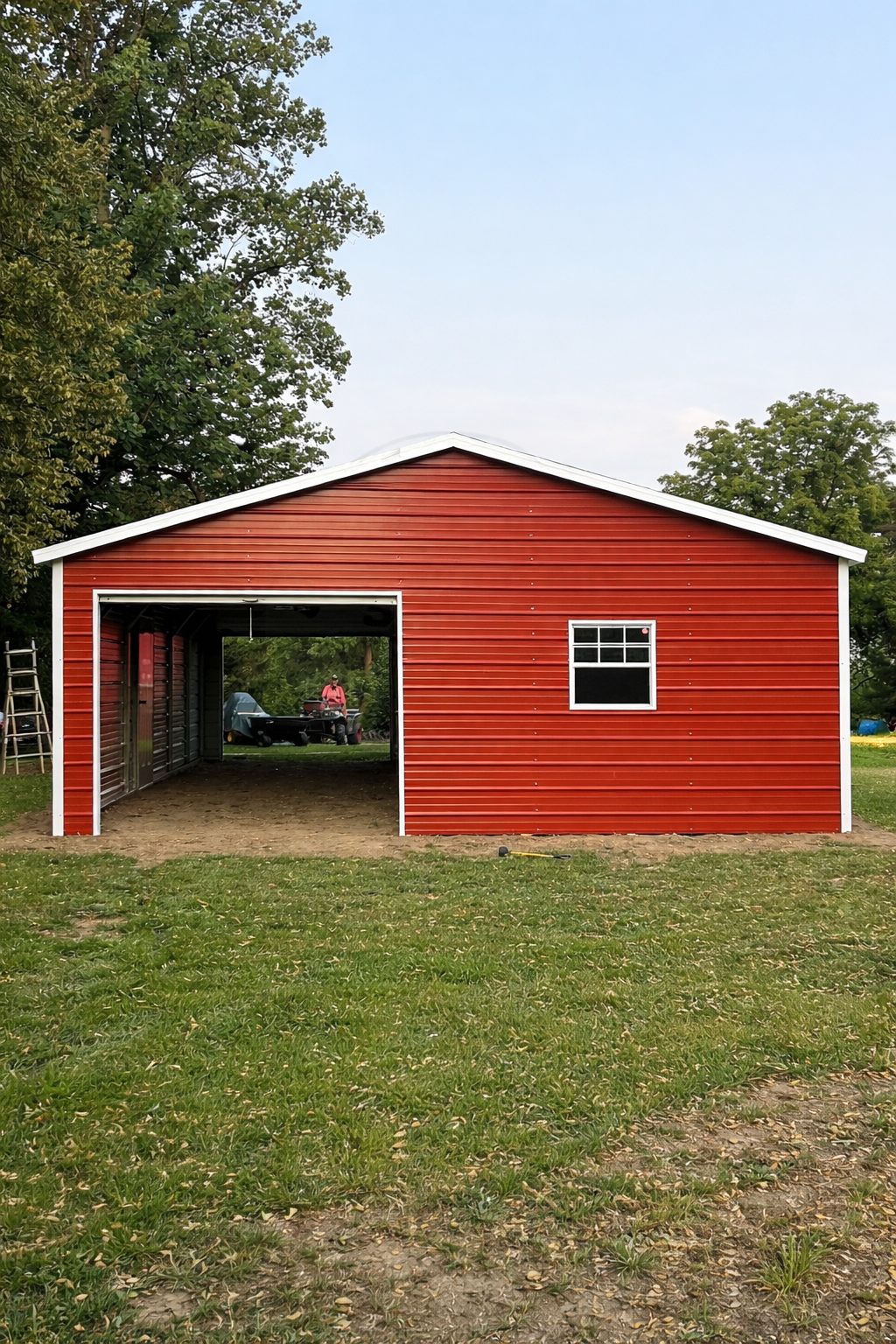 A red standard shed with a white trim and open front, set in a grassy area, showcasing building details.