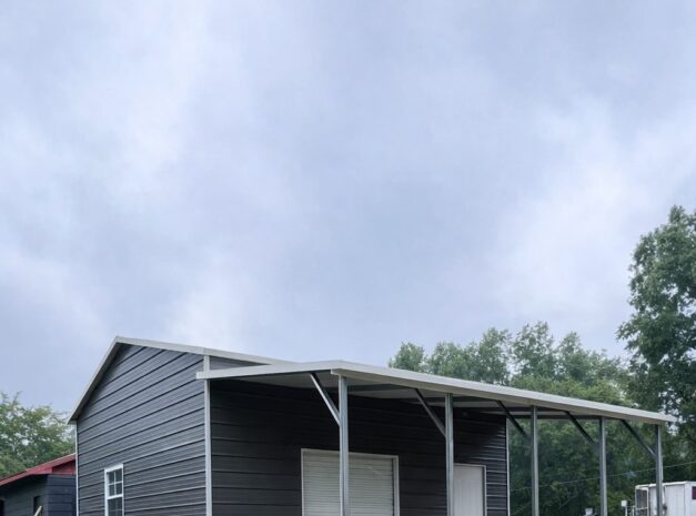 Utility shed in Saginaw TX featuring a modern design with gray siding and double doors.