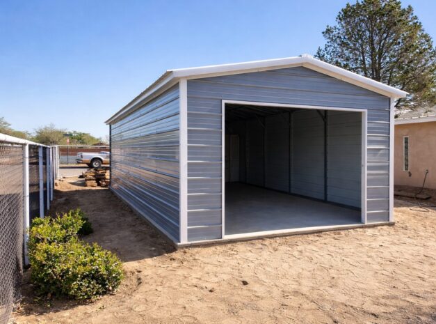 A gray mini shed with an open front, showcasing the interior space, located in San Augustine, TX.