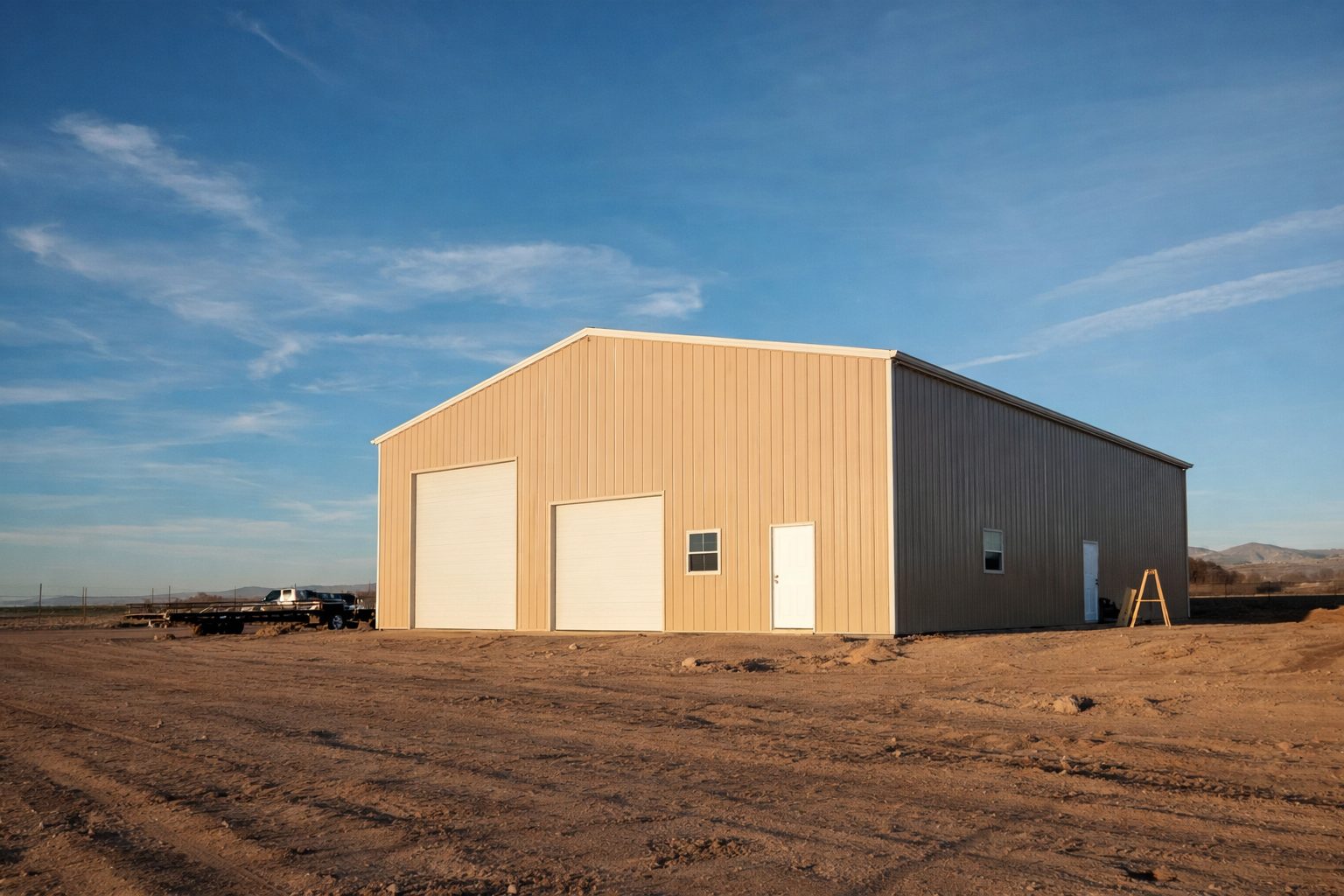 A large steel building in Townsend, WI, showcasing a grand span design with multiple doors and a clear blue sky.
