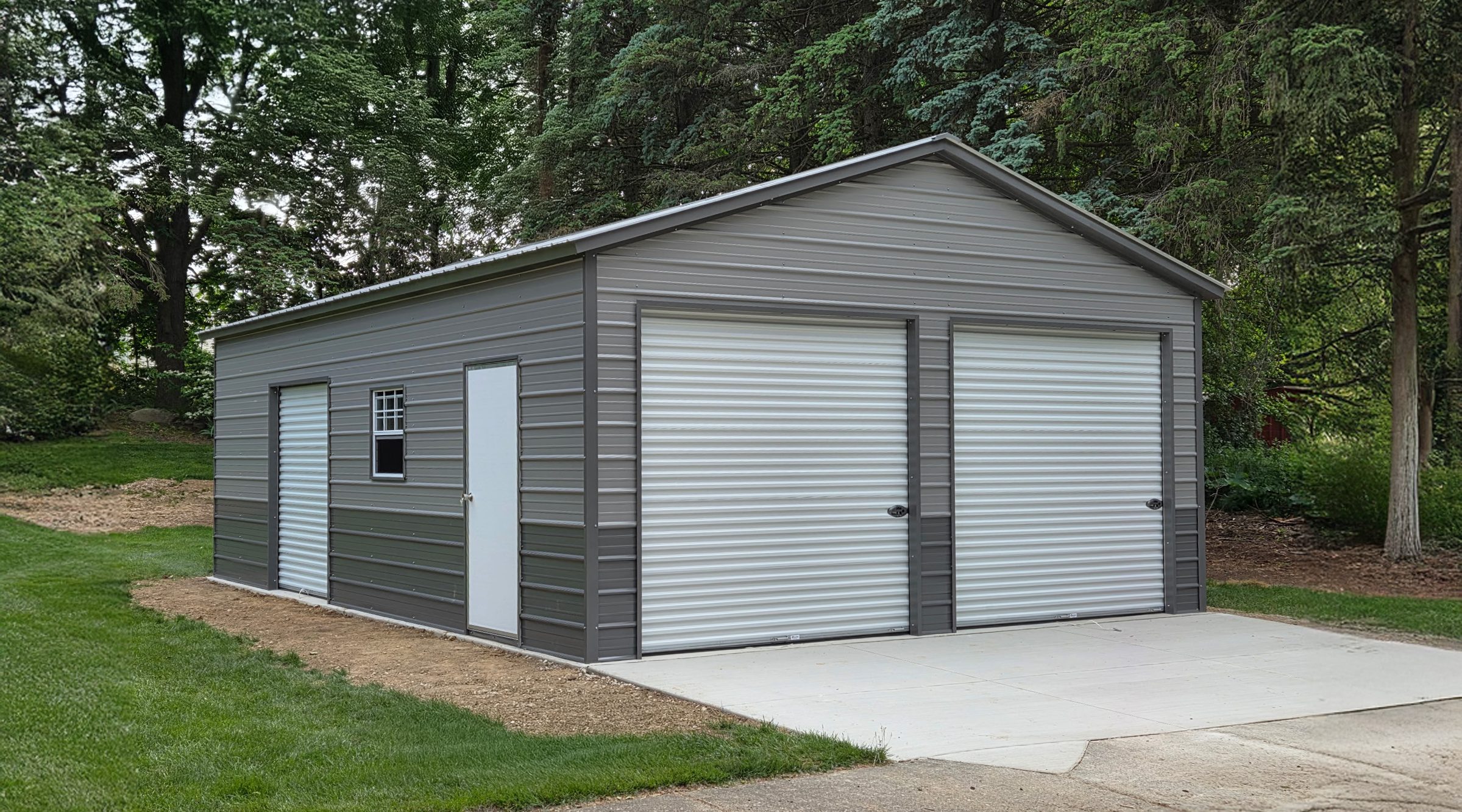 Standard garage in Appleton, WI, featuring a gray metal exterior and two roll-up doors.