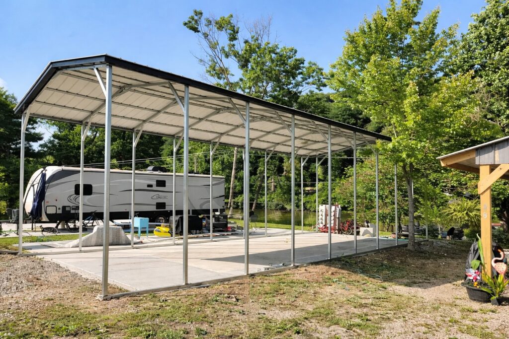 A-frame carport in Waco, TX, providing shelter for an RV, surrounded by trees and outdoor space.