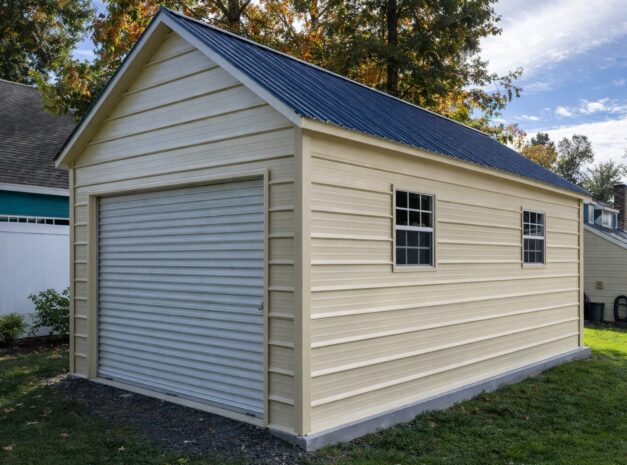 Wilkinson MN mini shed with a light yellow exterior and a blue metal roof, featuring a roll-up garage door.