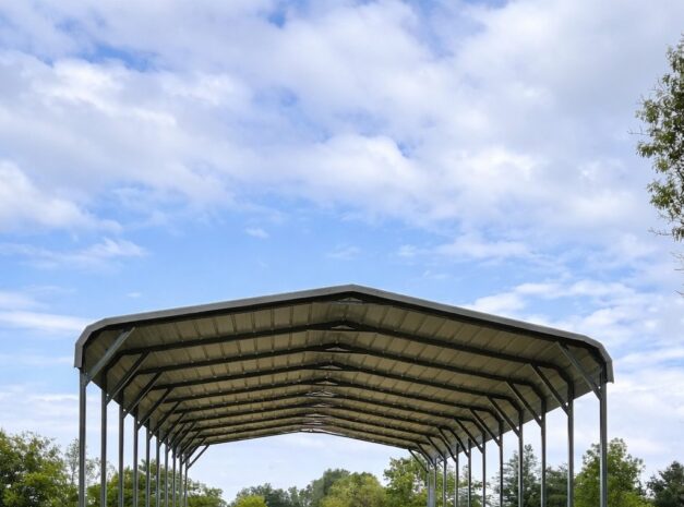 Standard framed carport structure in a grassy field, showcasing its open design and steel frame.