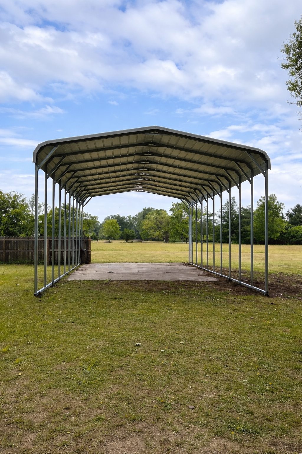 Standard framed carport structure in a grassy field, showcasing its open design and steel frame.