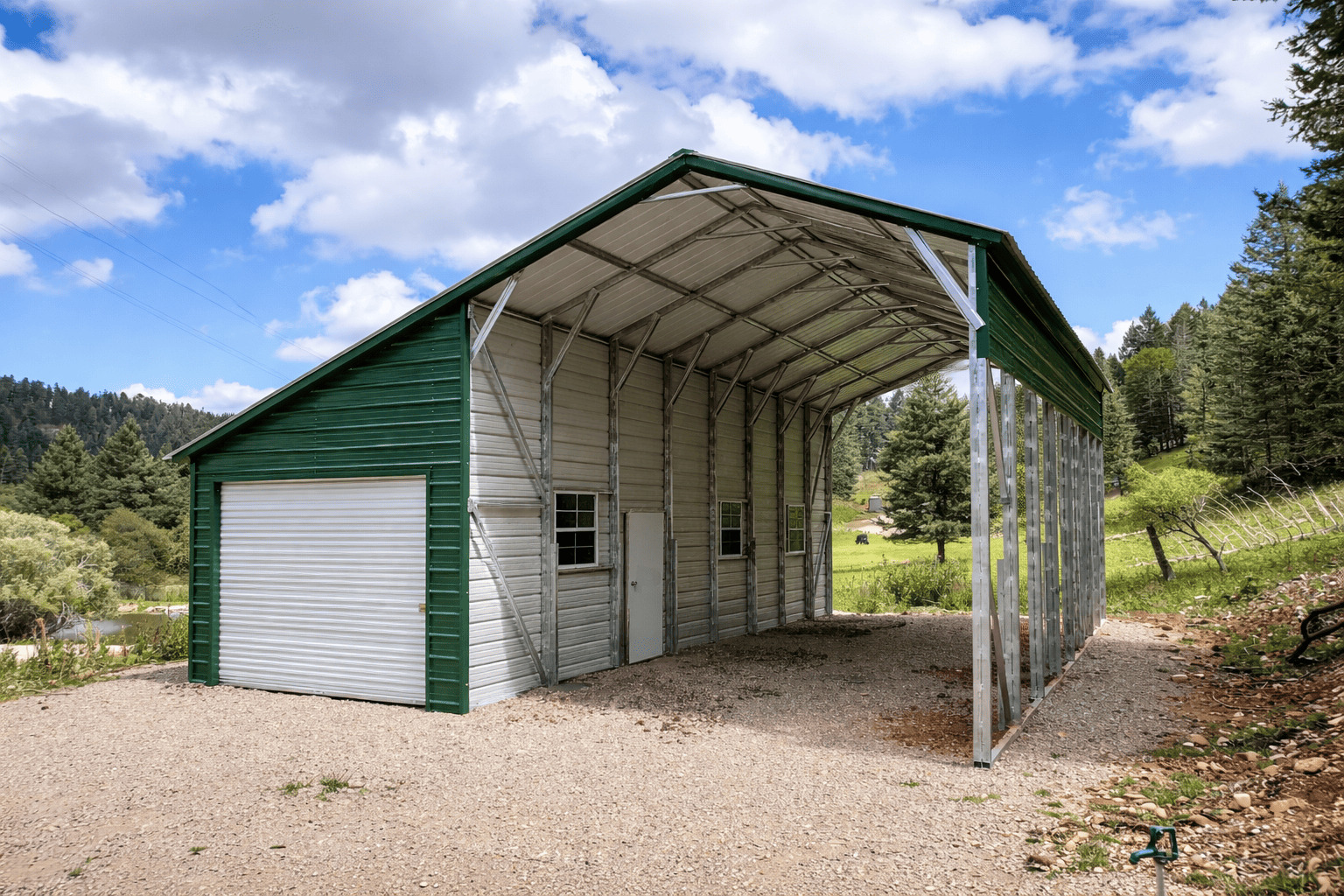 RV carport: Tall open-sided steel cover by Legacy Steel.